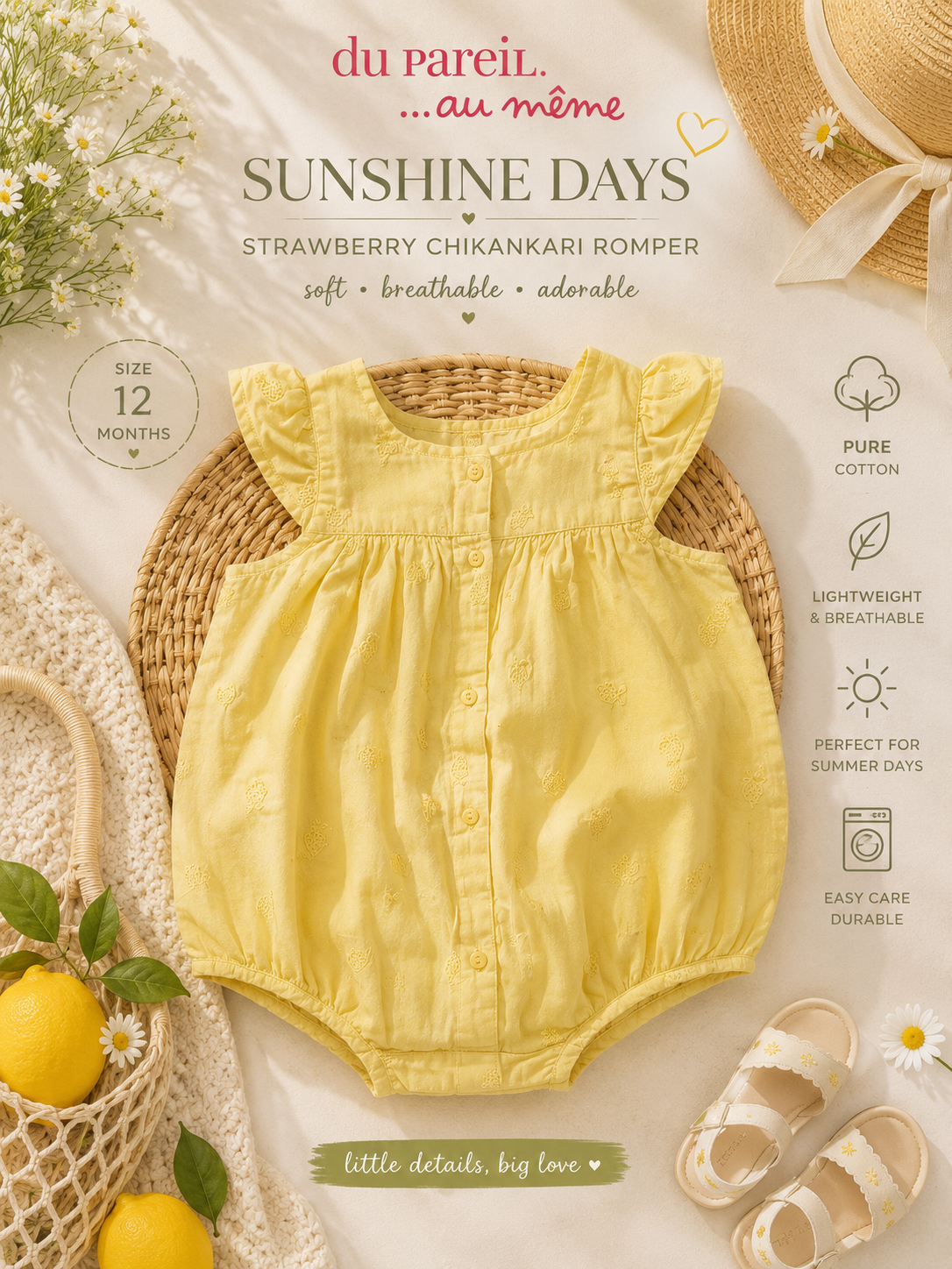 Du Pareil Au Même (DPAM) yellow Chikankari Romper