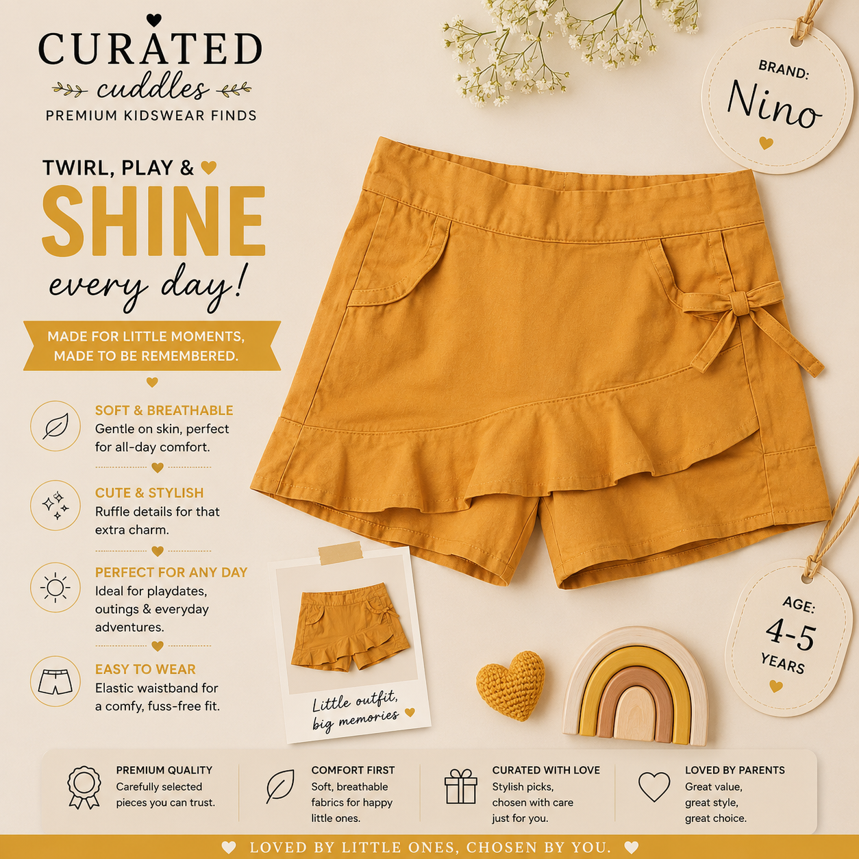 NiNo Mustard Flutter Shorts